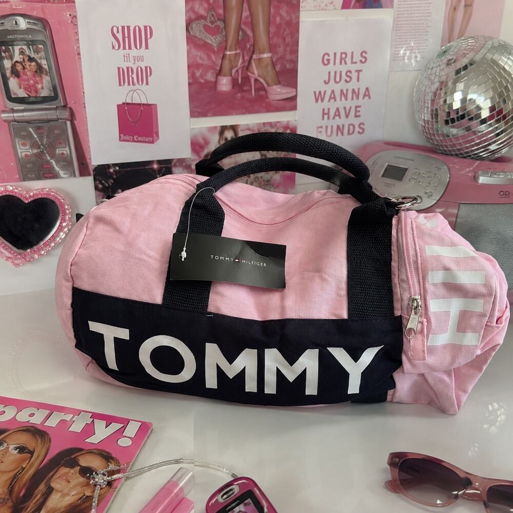 Tommy Hilfiger Mini Duffel Bag Pink Navy Logo Spellout Crossbody Sporty Y2K NWT